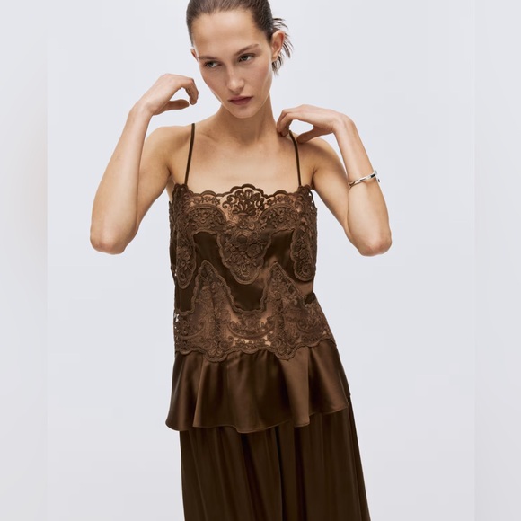 H&M Tops - H&M lace detail Camisole Top satin dark brown size small NWT